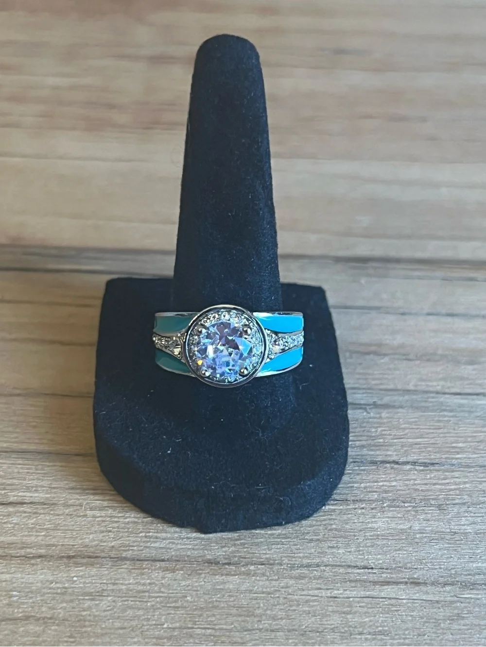 Turquoise Silver Tone Halo Ring With Cubic Zirconia Center Stone Size 9